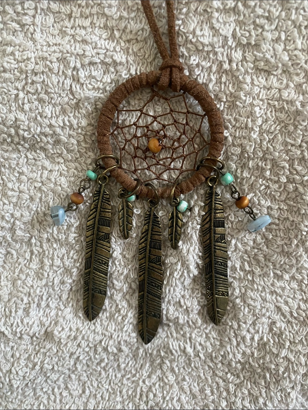 Brown Dreamcatcher Necklace with Brass Feather Charms - Picture 4 of 4